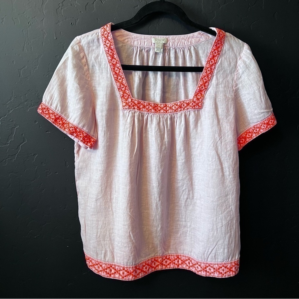 J CREW Square neck linen embroidery neck, hem and sleeves peasant top Size:S